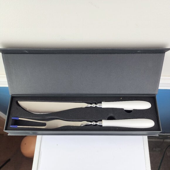 White Handled Two Piece Carving Set Knife and Fork